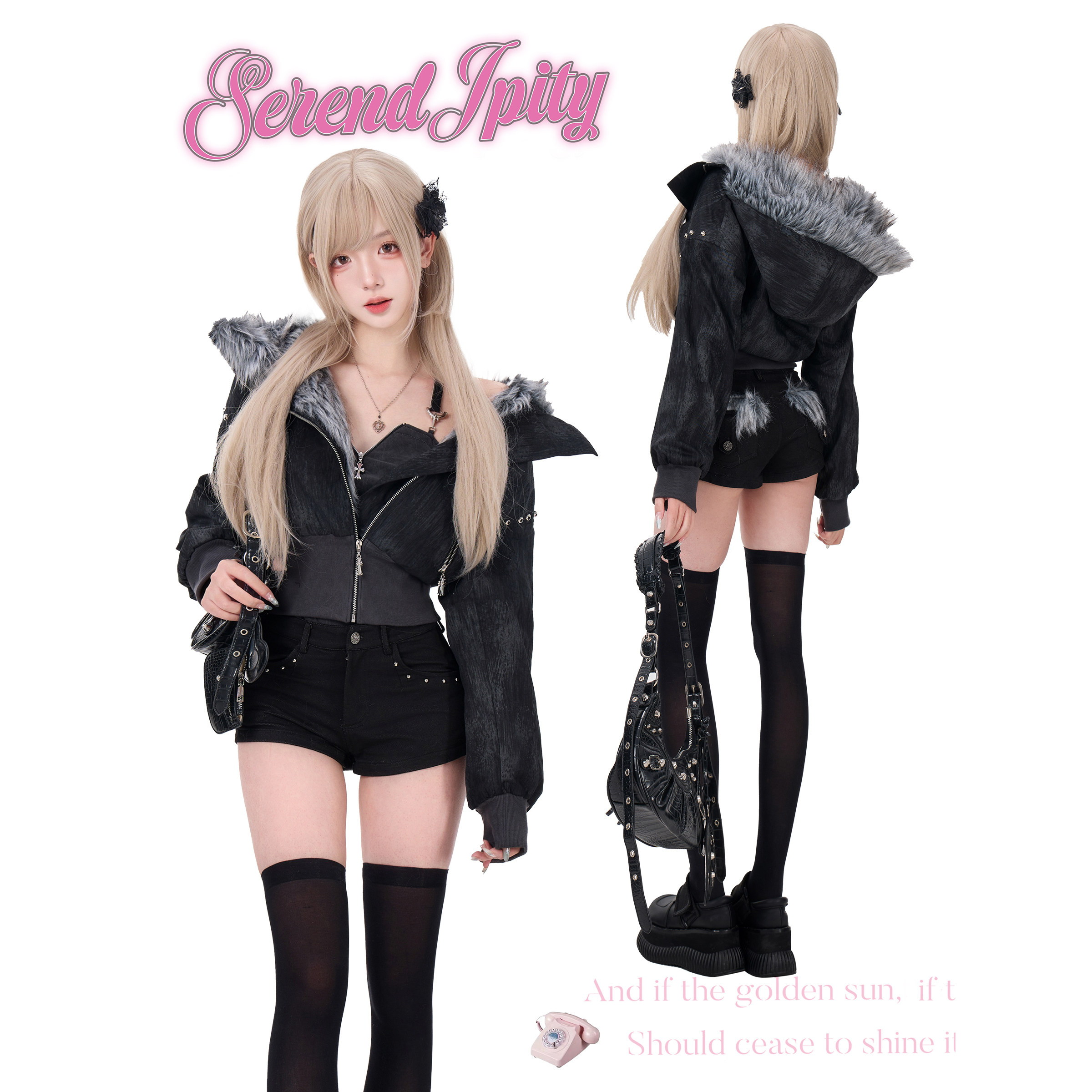 少女椰子【轻亚系】物语黑莓 黑色拼接毛绒外套+黑色牛仔短裤,女装/女士精品,短外套,淘宝优惠券,粉丝福利购,淘宝优惠卷