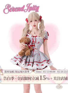 少女椰子【日常系】樱桃糖霜 夏季蓝色格纹连衣裙+红色泡泡裤裙女