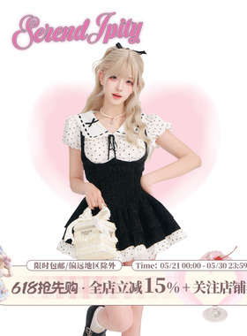 少女椰子【千金系】夏季波点物语 白色波点上衣+黑白丝绒背带裙女