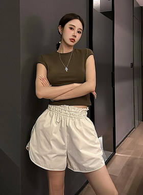 S.L买手店mskin6美式复古绿色飞飞袖修身短袖t恤杏色显瘦花苞短裤