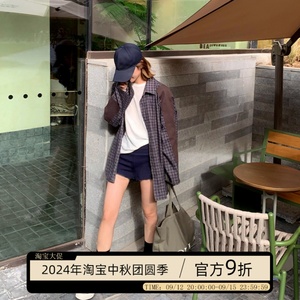 mskin6/贴布拼接复古格纹衬衣oversize宽松百搭显瘦慵懒风衬衫女