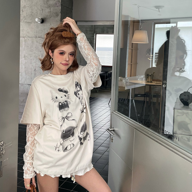 skipsmile春夏新款卡通猫咪蝴蝶结印花蕾丝拼接袖假两件长袖T恤女