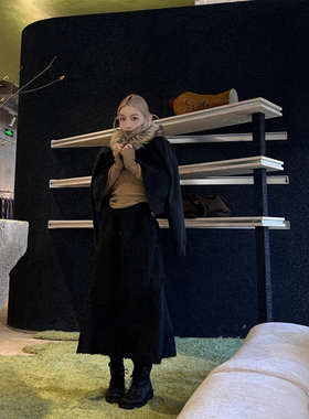 mskin6高腰A字黑色显瘦腰头拼接毛绒鱼尾裙法式复古长款半身裙女