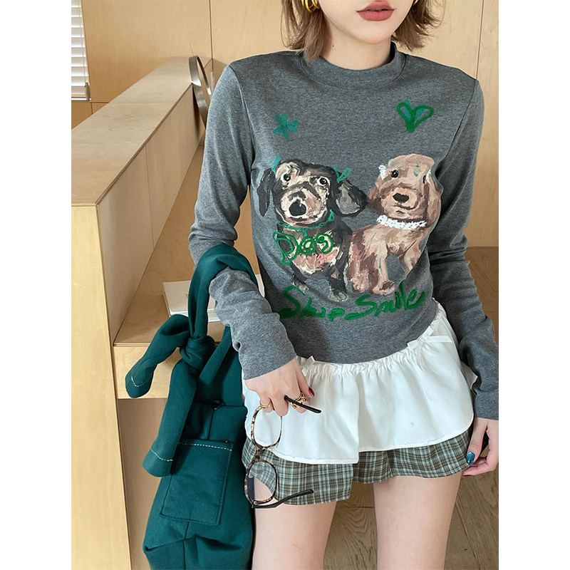 skipsmile秋冬新款灰色卡通狗狗爱心涂鸦修身长袖T恤打底衫上衣女