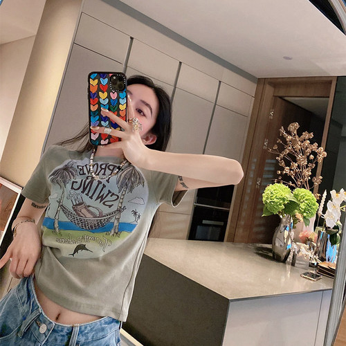 S.L/mskin6买手店美式街头感涂鸦印花短款修身显身材短袖t恤女