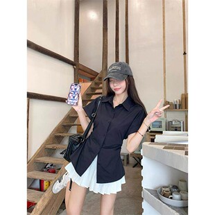 衬衫 韩系短袖 女设计感收腰显瘦翻领白色衬衣chic上衣 新款 2026夏季