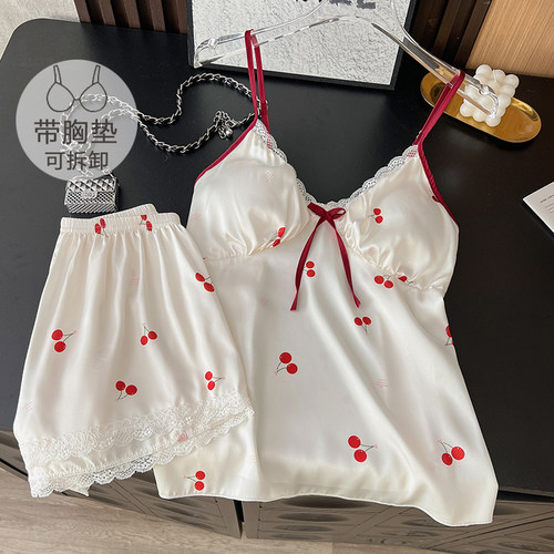 浪漫少女心甜美冰丝车厘子樱桃印花碎花吊带睡衣套装两件套带胸垫