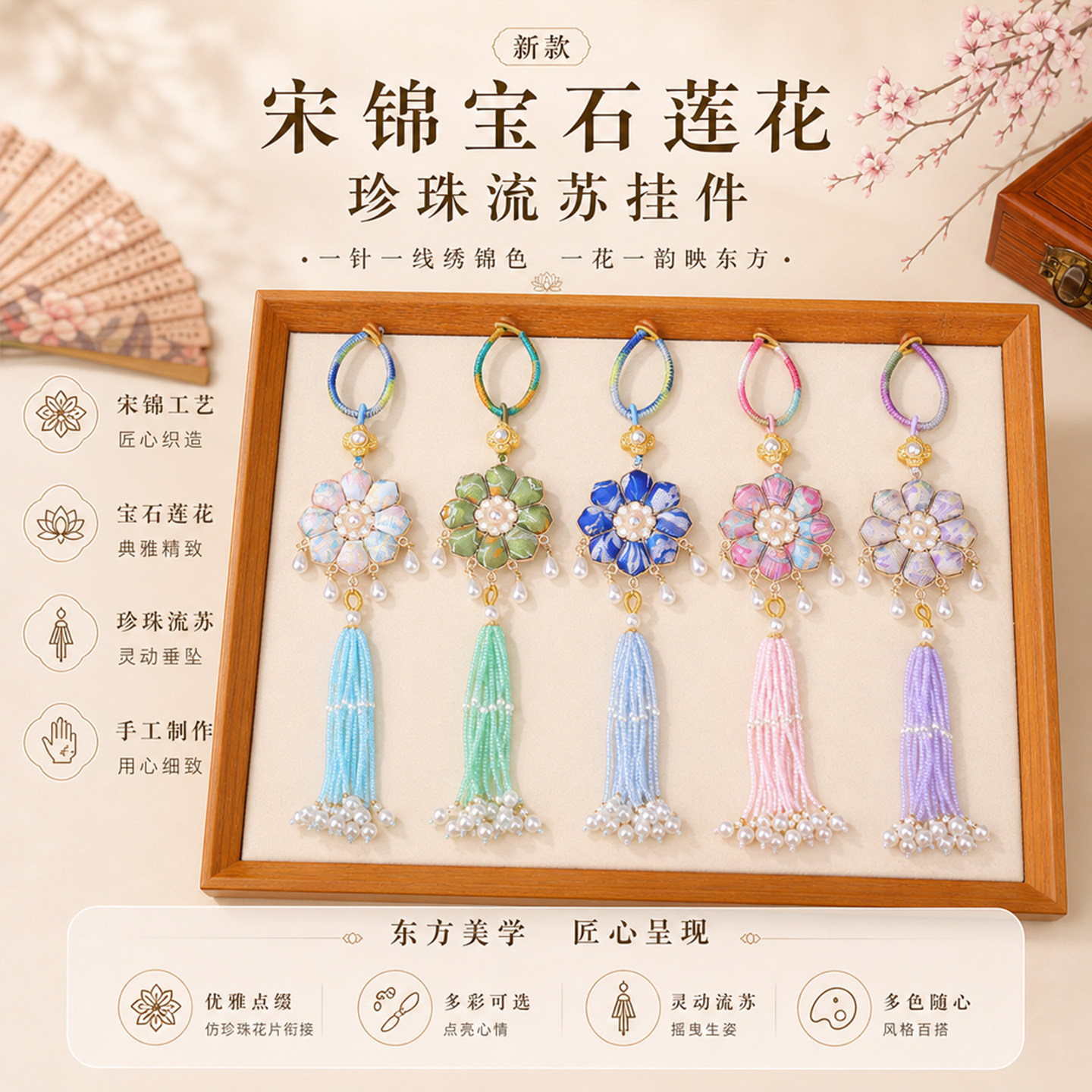 新款宋锦宝石莲花珍珠流苏小挂件图片