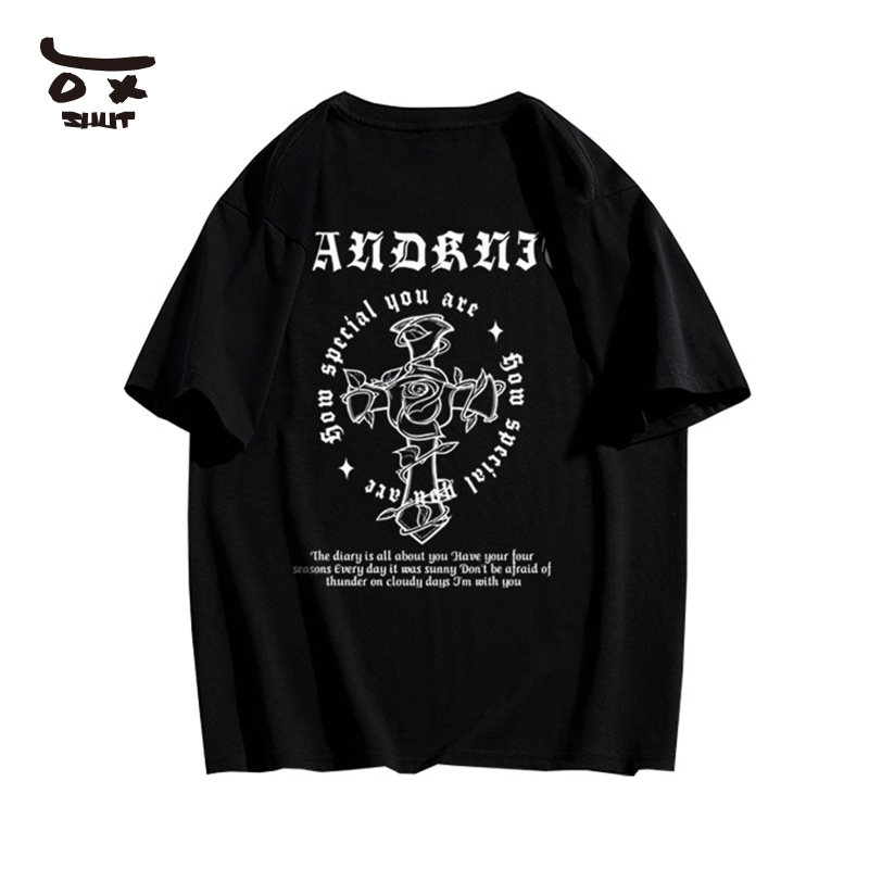 shut美式十字架玫瑰字母圆环印花衣服夏季休闲短袖t恤男女情侣款