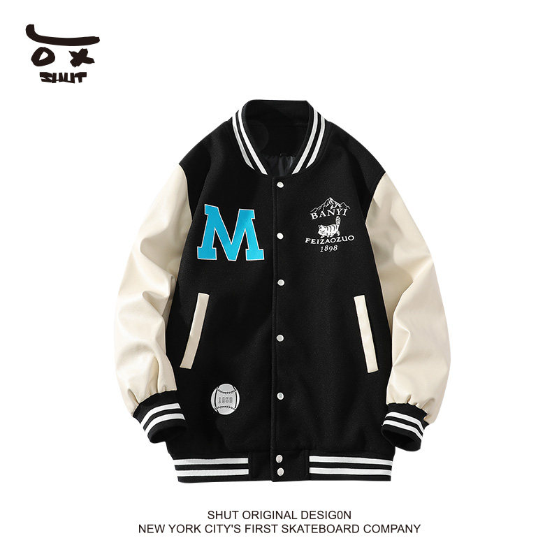 shut美式字母印花拼接撞色夹克春秋季潮牌休闲棒球服外套男女同款