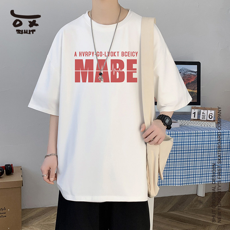 shut心电图字母印花衣服夏季新款潮牌宽松休闲短袖t恤男女情侣款