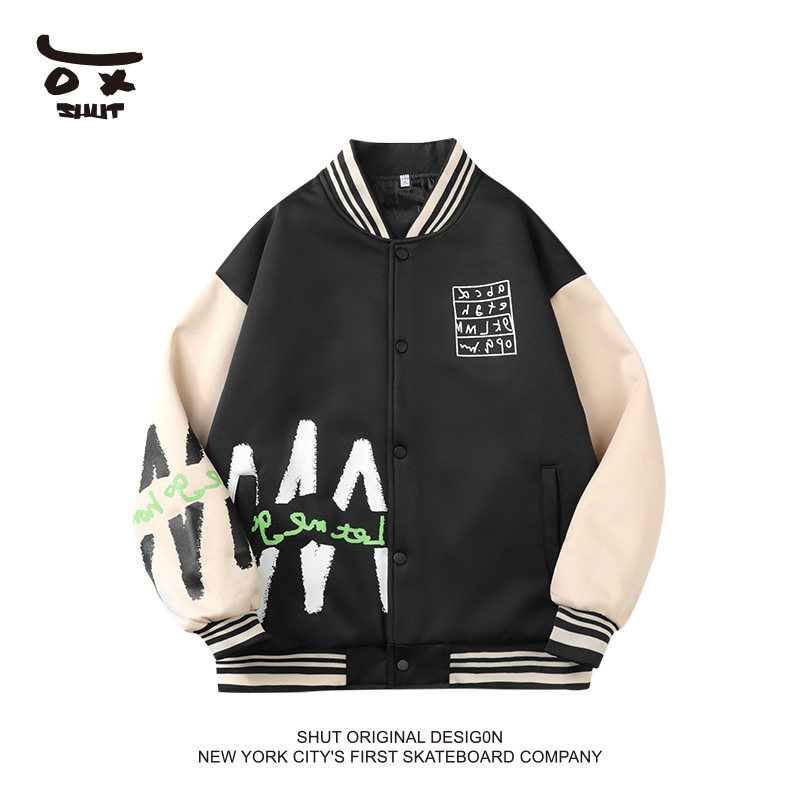 shut美式复古字母印花拼接撞色夹克潮牌休闲棒球服外套男女情侣款