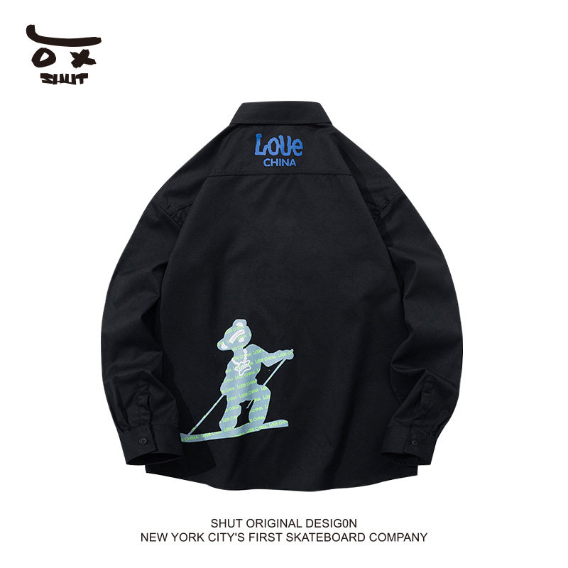 shut滑雪小熊字母印花纯色衣服潮牌宽松休闲翻领长袖衬衫男女同款