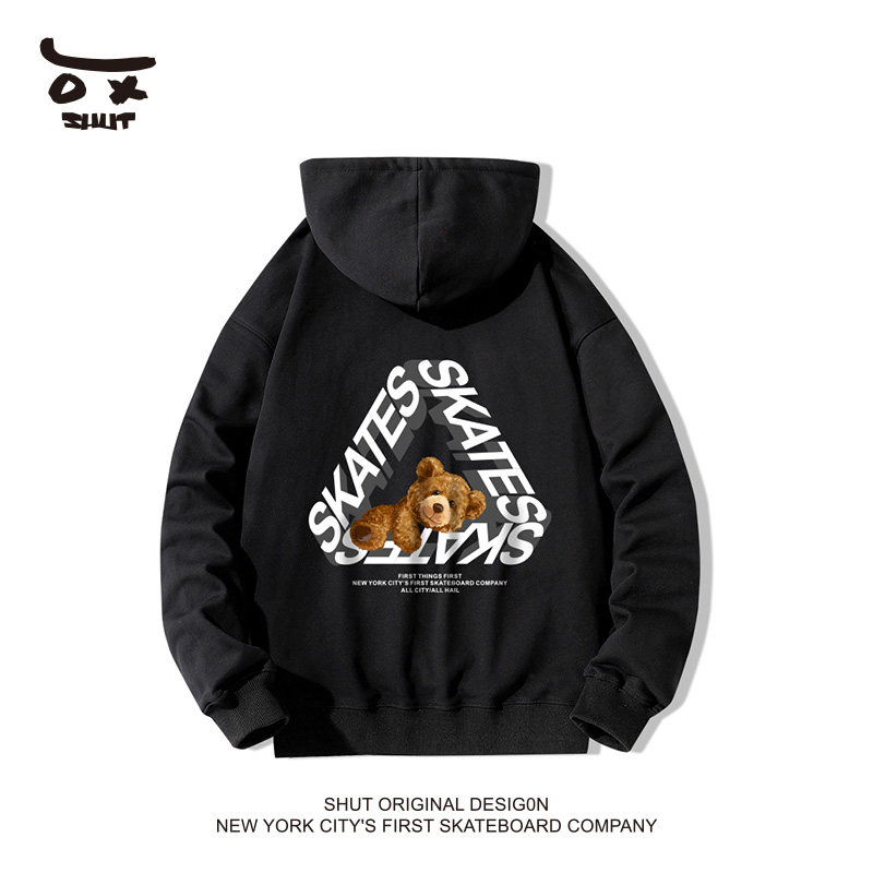 shut三角立体小熊印花帽衫衣服冬季潮牌加绒加厚连帽卫衣男女同款