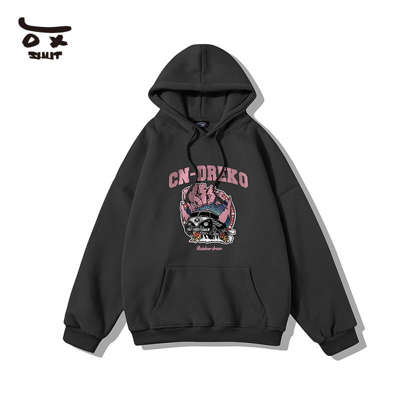 shut卡通老爷车字母印花衣服春秋季潮牌宽松休闲连帽卫衣男女同款