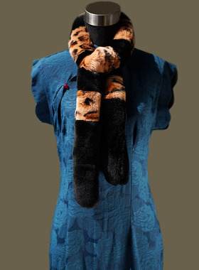 獭兔毛真毛拼色长条围巾秋冬女日系毛毛围脖皮草保暖毛领子豹纹色