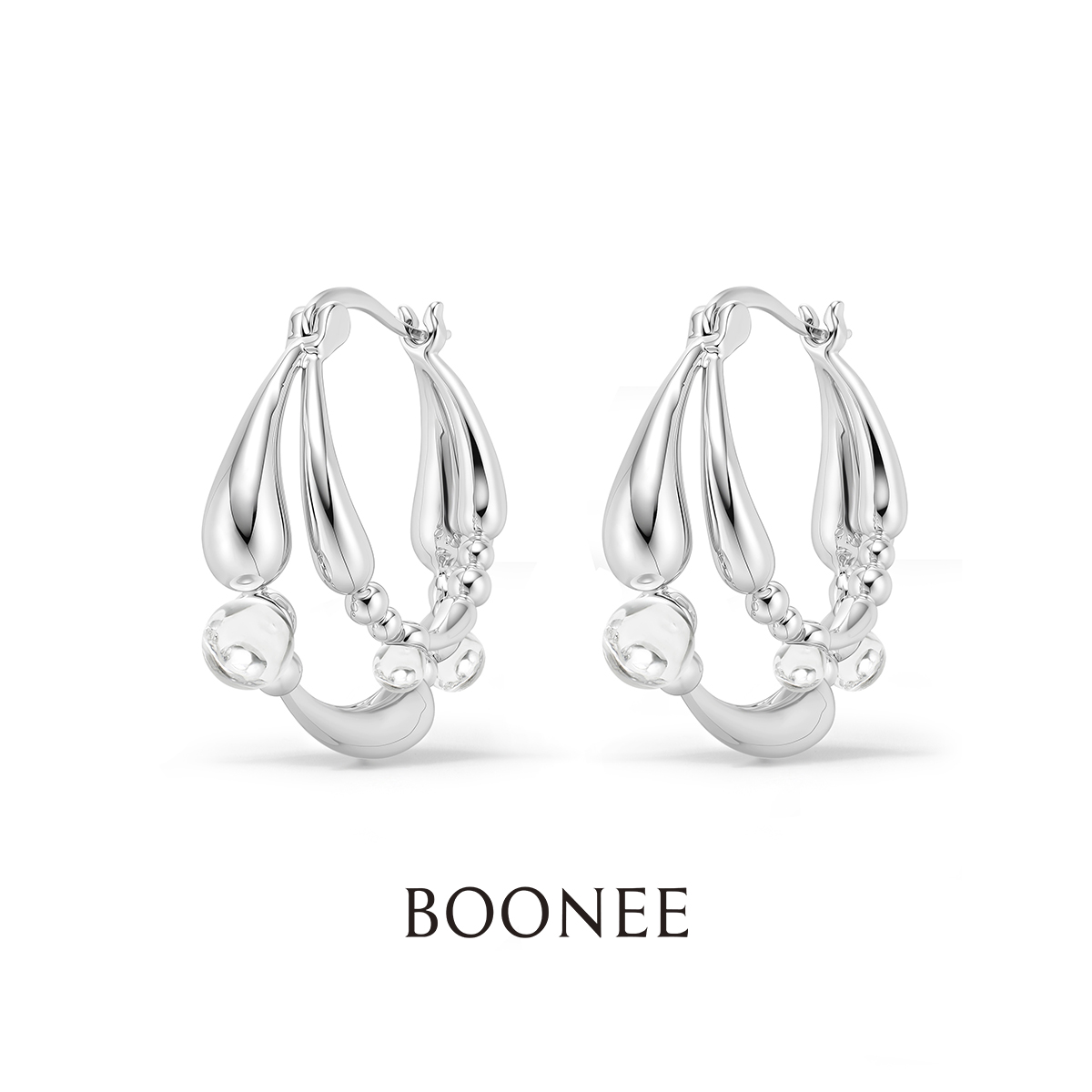 【新品】BOONEE金属液态双层水滴透明珠耳环女轻奢高级设计感耳饰