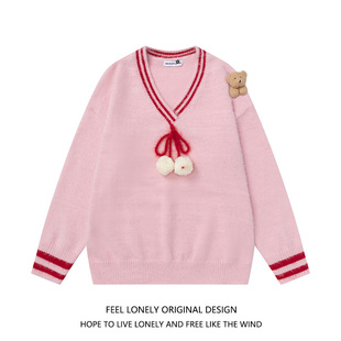 Feel 上衣秋冬 lonely 复古学院风V领小熊毛衣女宽松慵懒风针织衫