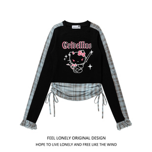 lonely甜酷辣妹卡通猫格纹拼接长袖 Feel t恤女潮牌收腰显瘦短上衣
