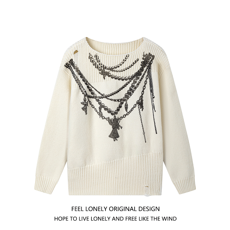 美式复古项链印花破洞毛衣