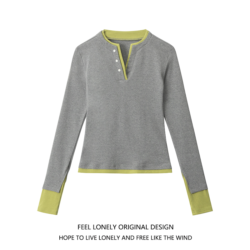 撞色假两件纽扣V领长袖T恤