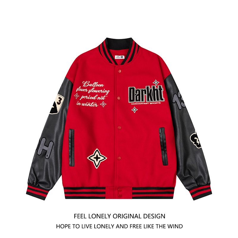 潮牌撞色pu皮拼接棒球服外套