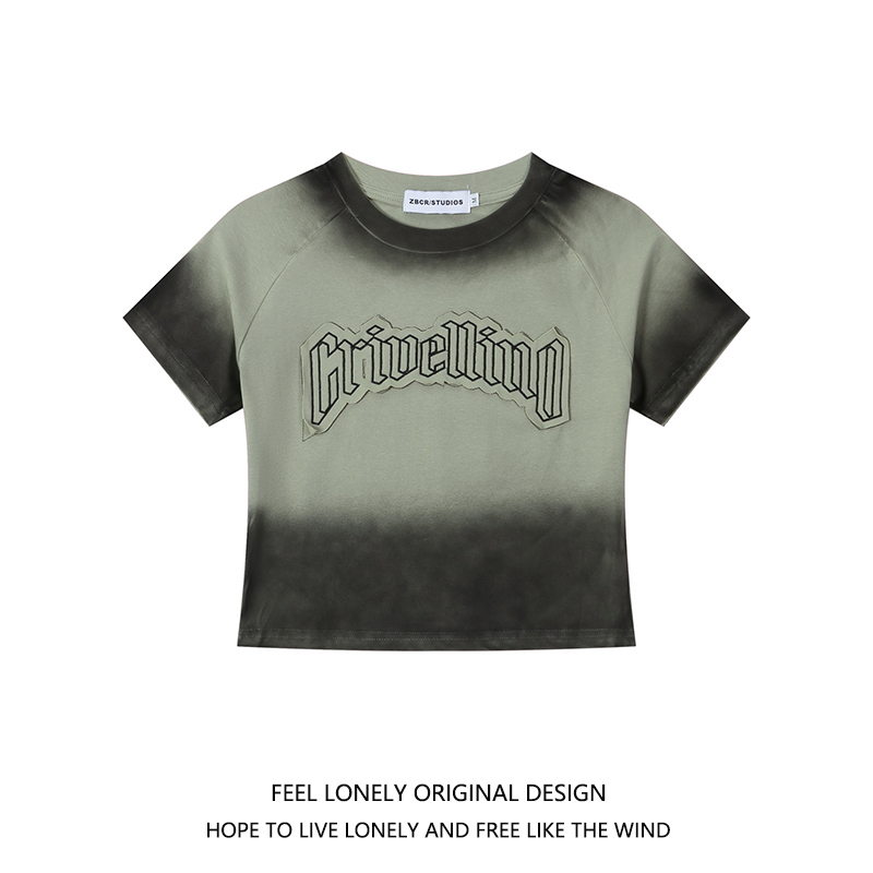 美式复古贴布绣渐变短袖T恤女夏