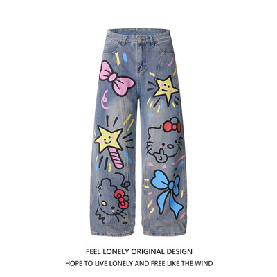 卡通猫咪涂鸦百搭显瘦直筒牛仔裤