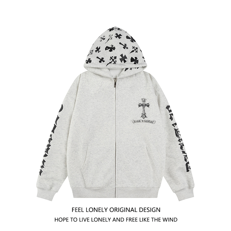 美式复古十字架字母连帽卫衣外套
