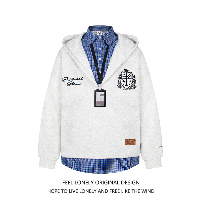 格子假两件衬衫拼接连帽卫衣外套