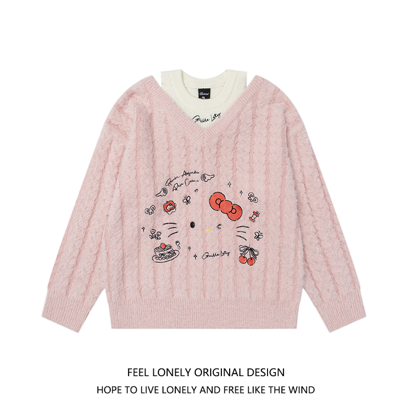 Feel lonely甜美风kitty猫刺绣露肩麻花软糯毛衣女秋冬宽松针织衫