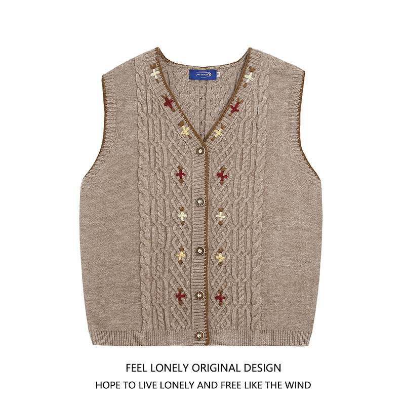 日系百搭花朵刺绣针织衫马甲