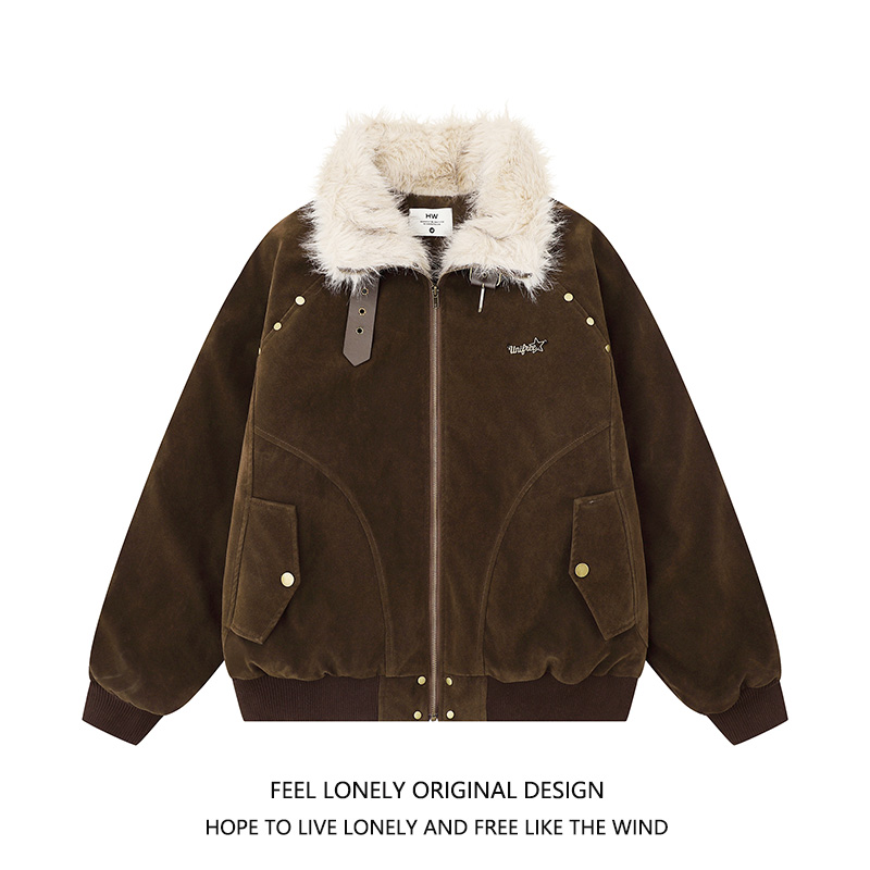 Feel lonely 美式复古拼接皮扣机车服毛领2025冬季设计感保暖棉服