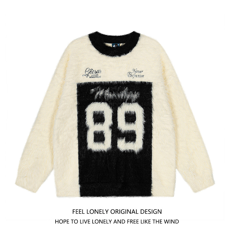 Feel lonely 美式运动数字撞色圆领毛衣潮牌宽松休闲仿水貂毛上衣