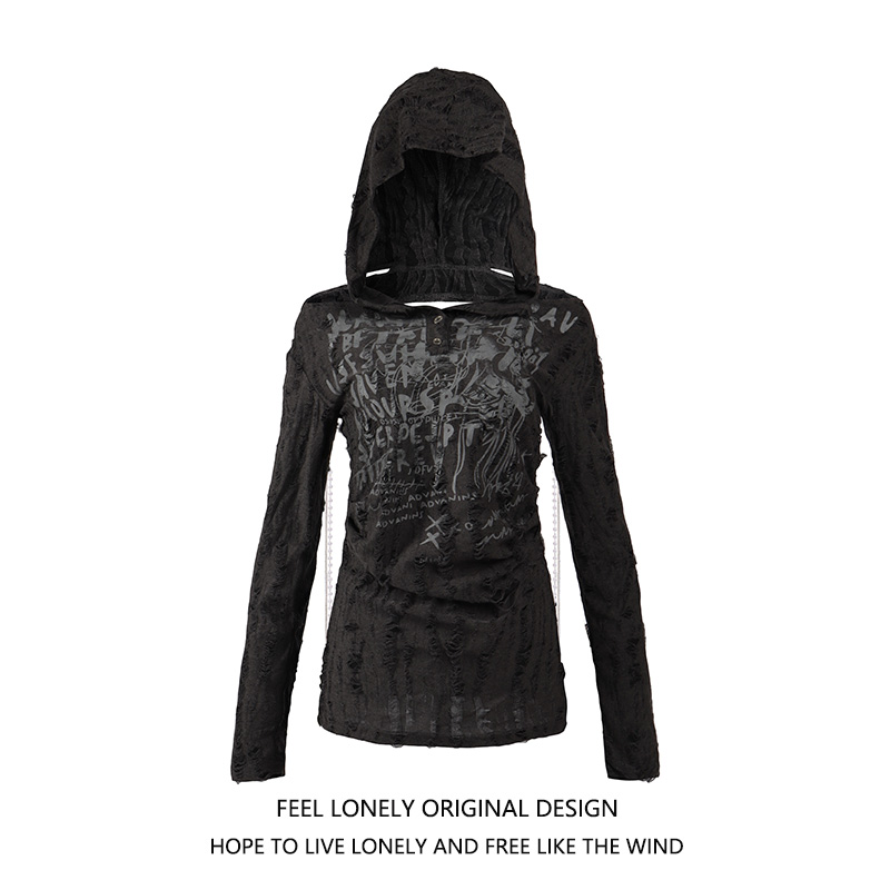 复古废土风叛逆朋克印花连帽长袖