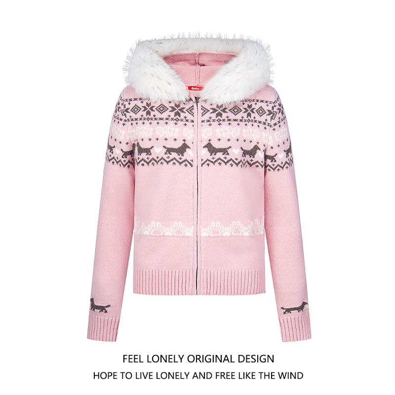 费尔岛提花可拆卸毛领连帽毛衣