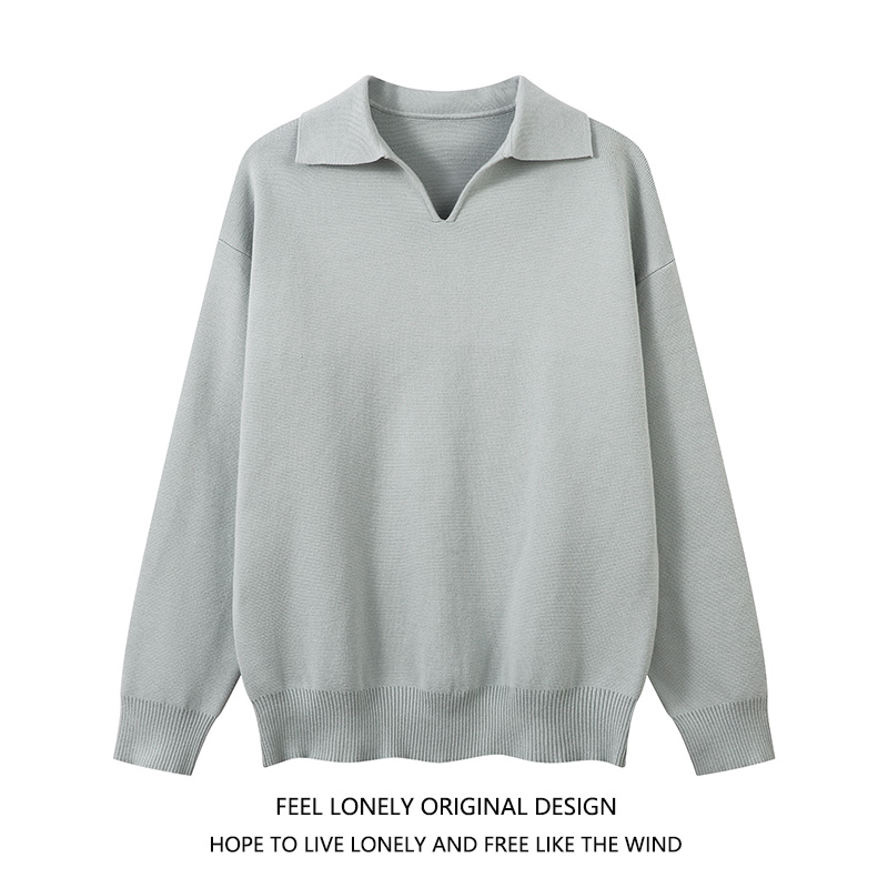 美式复古纯色翻领毛衣慵懒风上衣