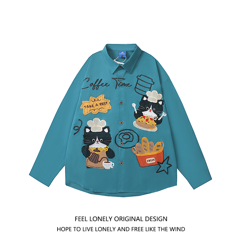 卡通趣味厨师小猫刺绣长袖衬衫