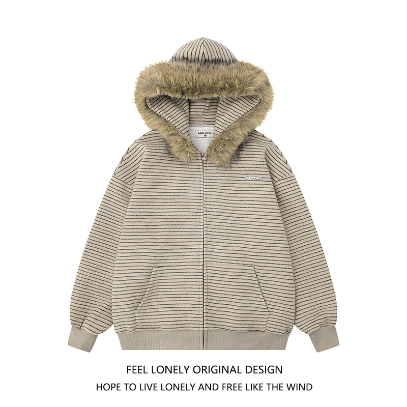 美式复古条纹毛领针织连帽外套