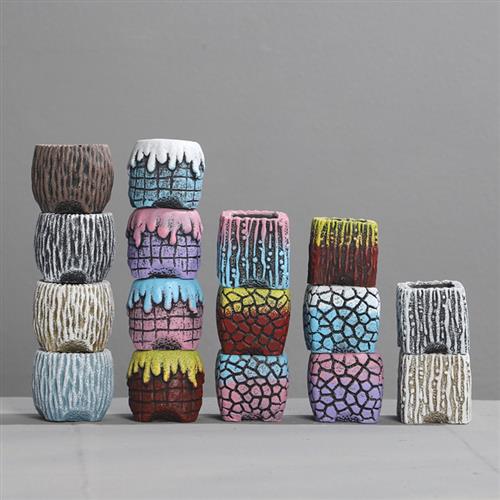 多肉控型盆冰裂纹手绘素烧陶瓷花盆粗陶透气盆景特小号迷你拇指盆