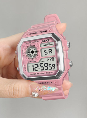 运动手表女款初中学生初高中小方块防水闹钟夜光本命年红色电子表