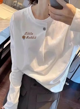 印花设计感白色长袖T恤女韩系德绒保暖穿搭流行风格高端大牌上衣
