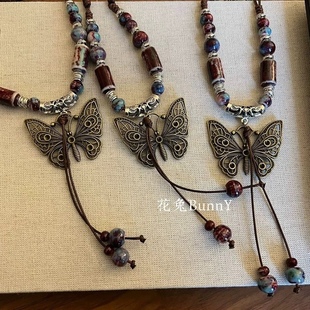 花兔2023复古新中式镂空蝴蝶艺术设计民族风项链古典超长款可调节