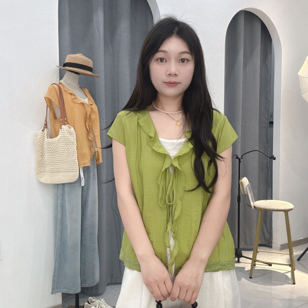 韩系撞色假两件荷叶边小
