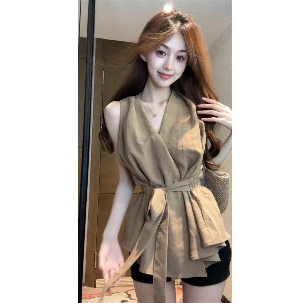 辣妹V领气质锁骨衬衫女夏