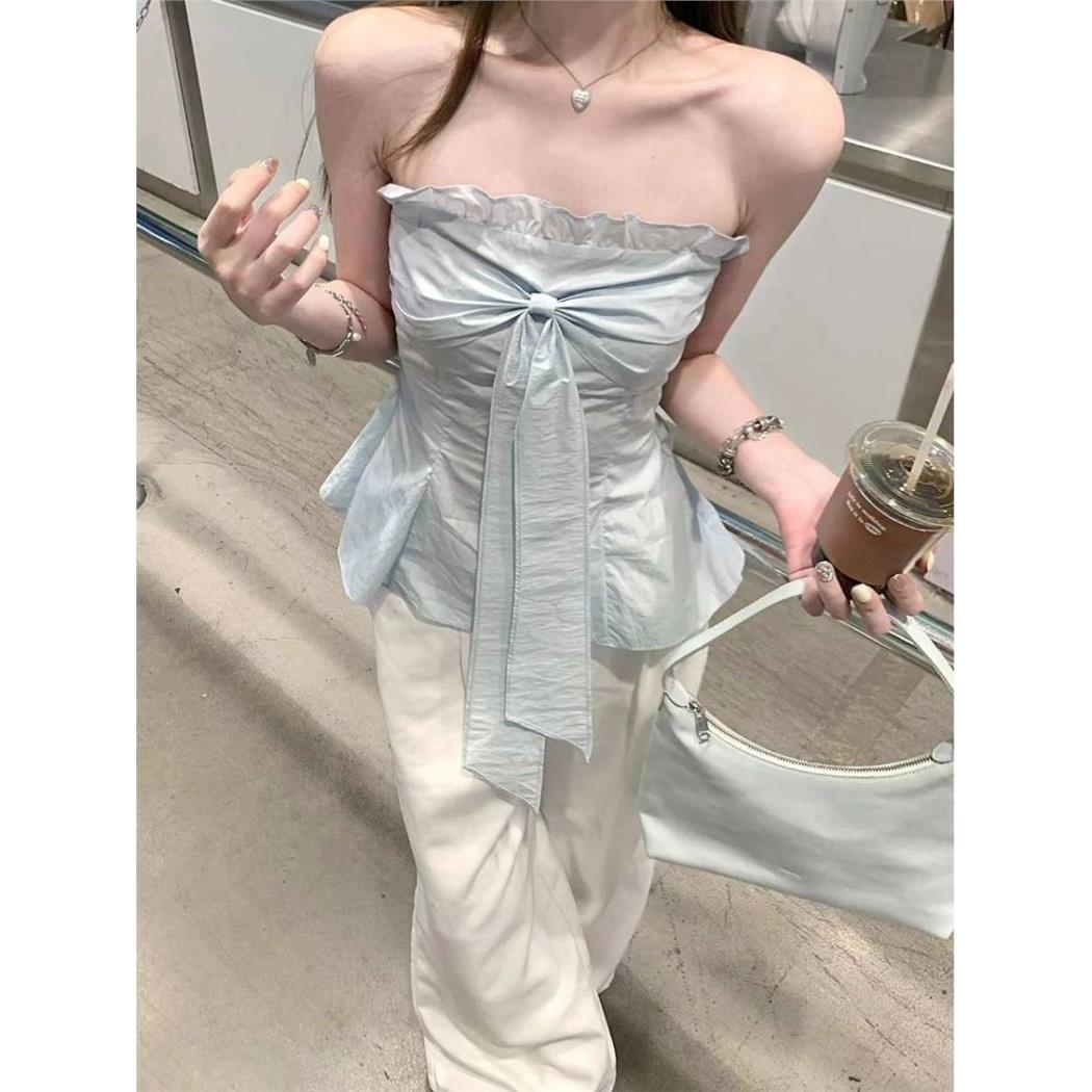 木耳边蓝色性感露背抹胸