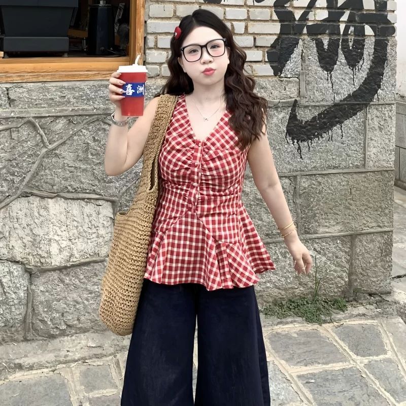 辣妹风夏季新款格子V领背