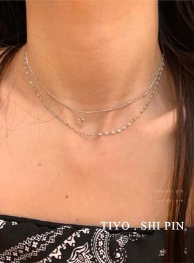 TiYo钛钢十字架星芒吊坠双层项链极简细链条轻质叠戴锁骨链潮T266