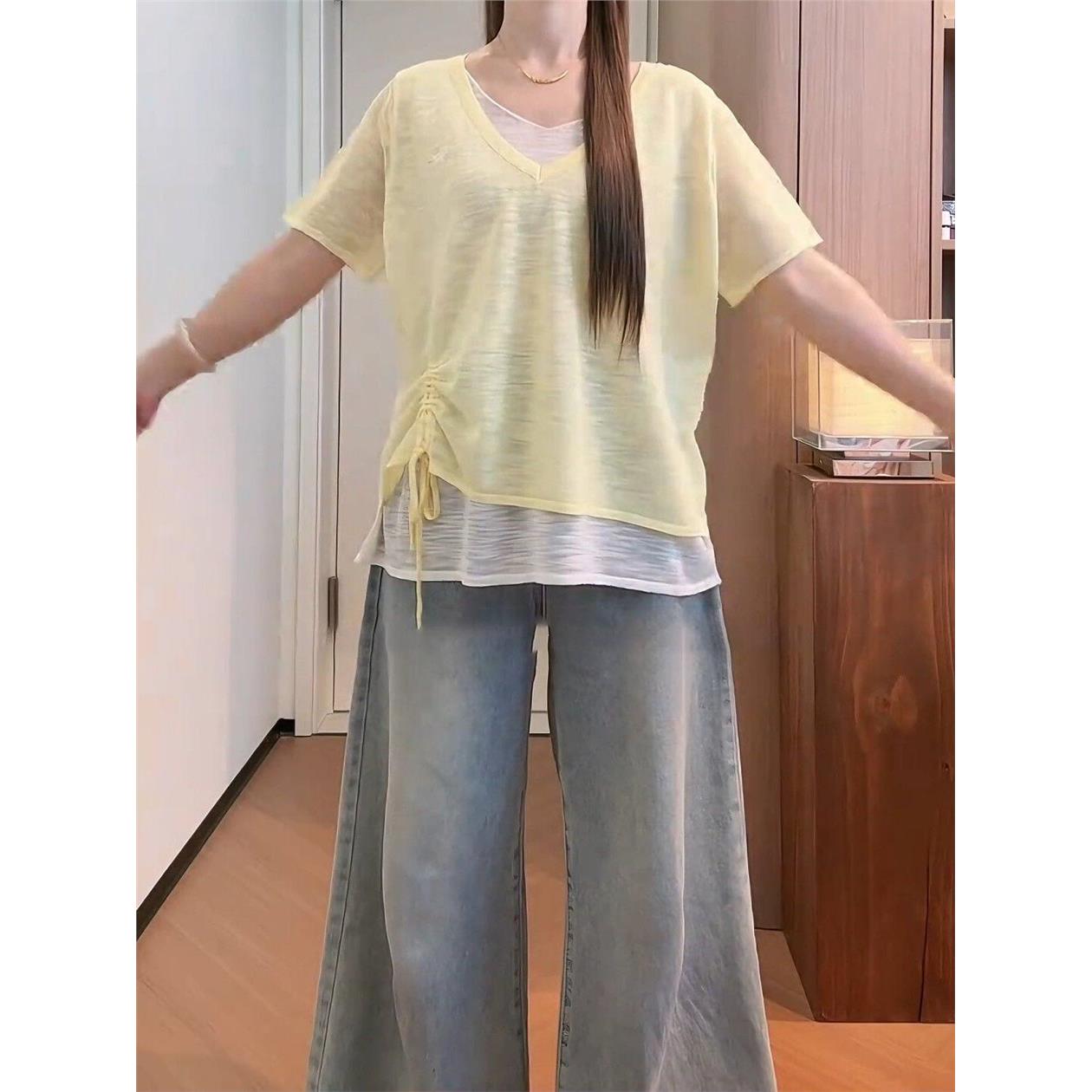 上衣黄色2026抽绳夏短袖