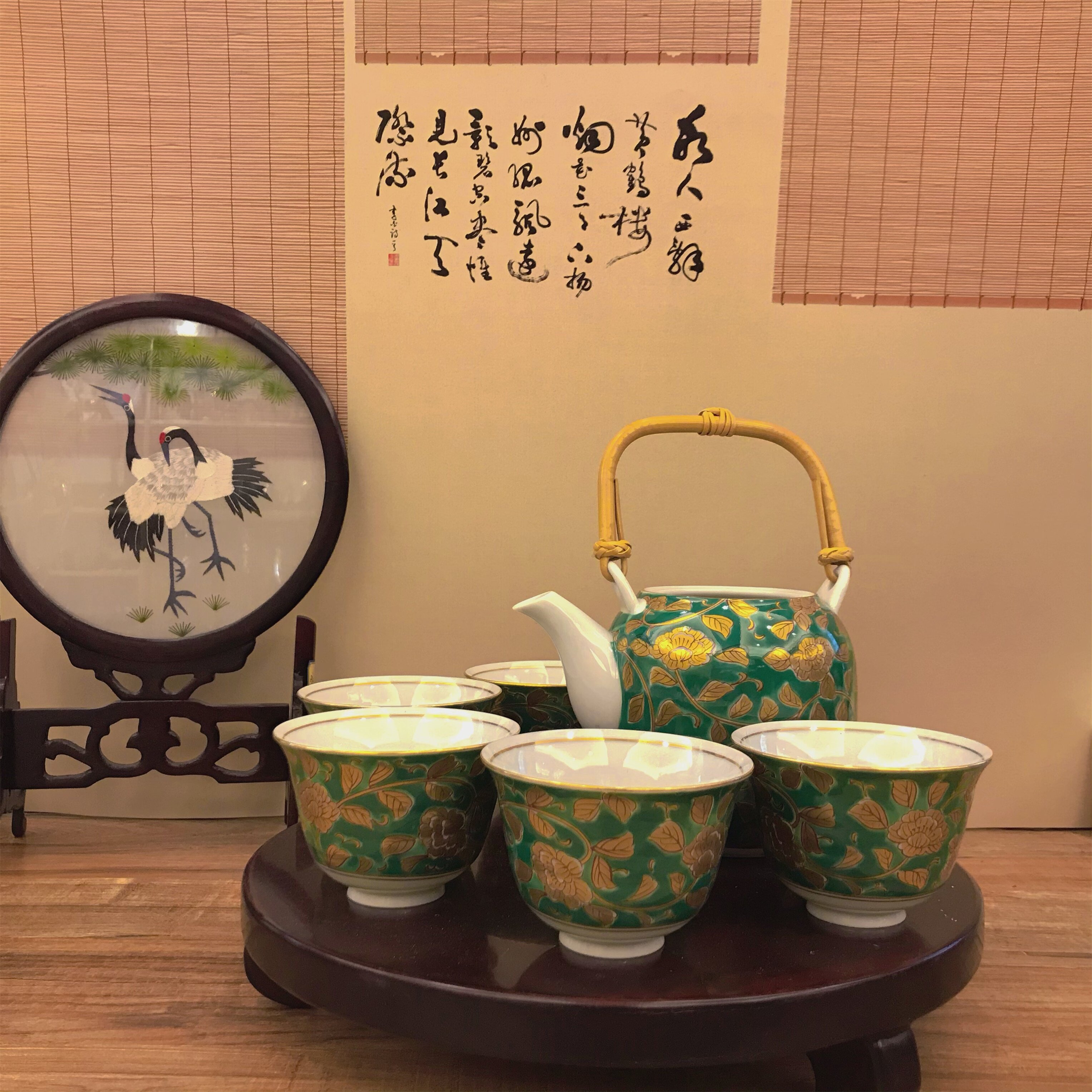 日式提梁壶汤吞杯茶杯手绘花卉描金茶壶家用茶具套装